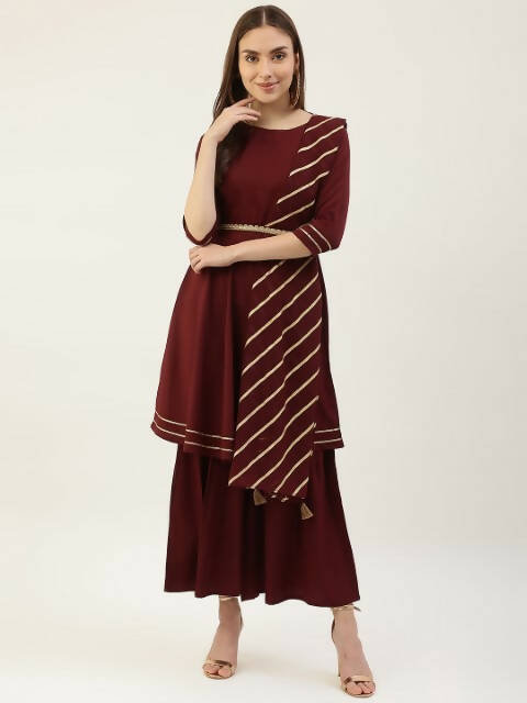 FIORRA Women's Maroon Poly Crepe Flared Kurta Pant With Dupatta | Grocsy