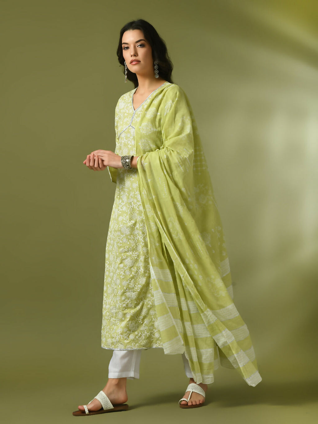 Myshka Women's Lime Green Printed Cotton Anarkali Party Kurta Set With Dupatta | Grocsy