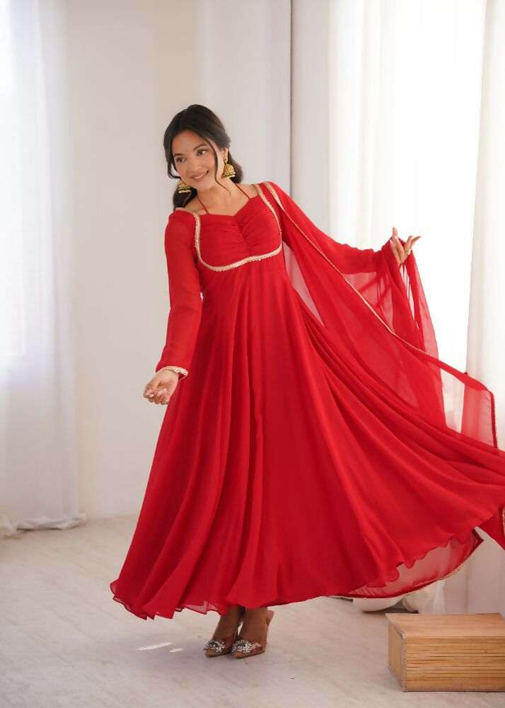 The52 Women's Gorgeous Solid Fox Blooming Georgette Fabric Flared Anarkali and Dupatta Set | Grocsy