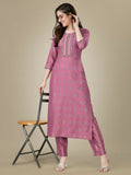 Jyoti Fashion Women's Purple Rayon Embroidered Kurta Pant Set | Grocsy