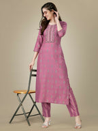 Jyoti Fashion Women's Purple Rayon Embroidered Kurta Pant Set | Grocsy