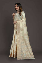 Off White Pure Raw Silk Zari Woven Saree with Unstitched Blouse Piece - Alisha | Grocsy