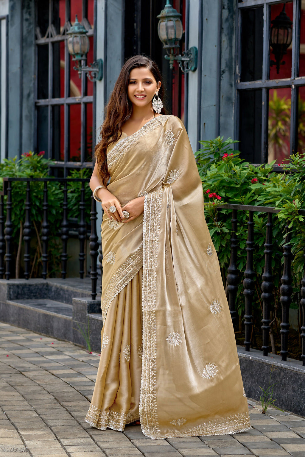 Vastranavya Beige Embroidery Work Shimmer Chiffon Saree with Unstitched Blouse | Grocsy