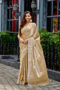 Vastranavya Beige Embroidery Work Shimmer Chiffon Saree with Unstitched Blouse | Grocsy