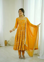 Teeya Creation Yellow Color Heavy Faux Georgette Embroidery Work Gown | Grocsy
