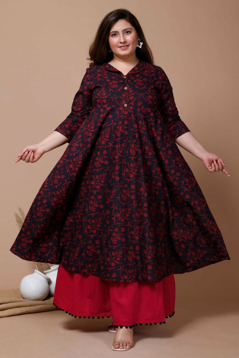 Miravan Women's Plus Size Navy Blue Floral Printed Anarkali Kurta | Grocsy