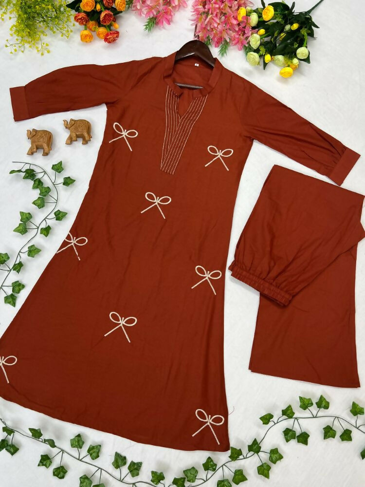 Teeya Creation Women New Trendy Rust Orange Embroidered Cotton Kurta with Palazzos | Grocsy