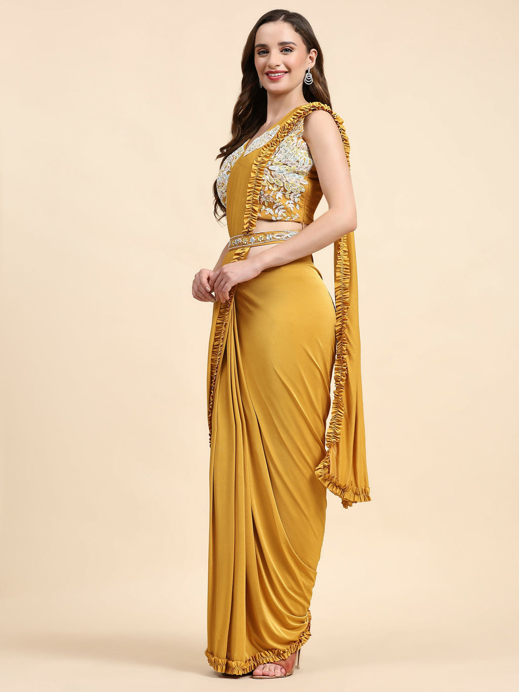 Yellow Lycra Solid Ready to wear Saree with stitched Blouse - Vanita | Grocsy