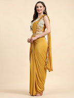 Yellow Lycra Solid Ready to wear Saree with stitched Blouse - Vanita | Grocsy