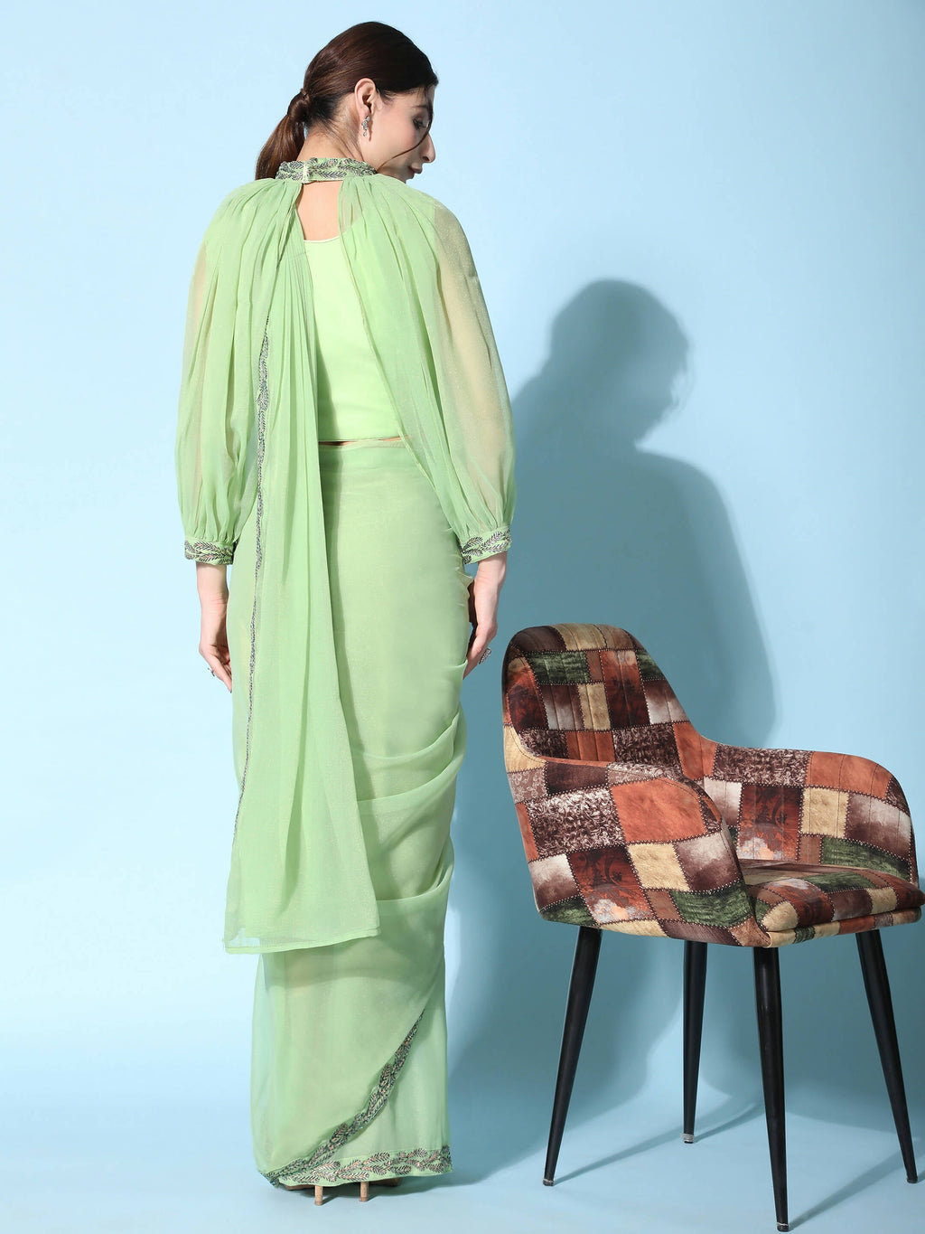 Green Fancy Pure Fabric Plain Ready to wear Saree with stitched Blouse - Vrinda | Grocsy