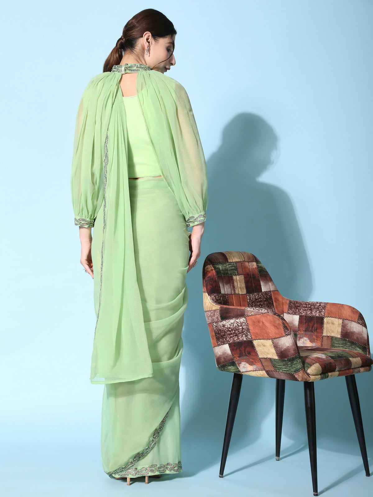 Green Fancy Pure Fabric Plain Ready to wear Saree with stitched Blouse - Vrinda | Grocsy