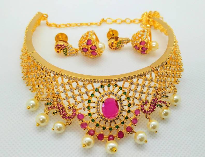 Multicolor AD Peacock Bridal Choker | Grocsy
