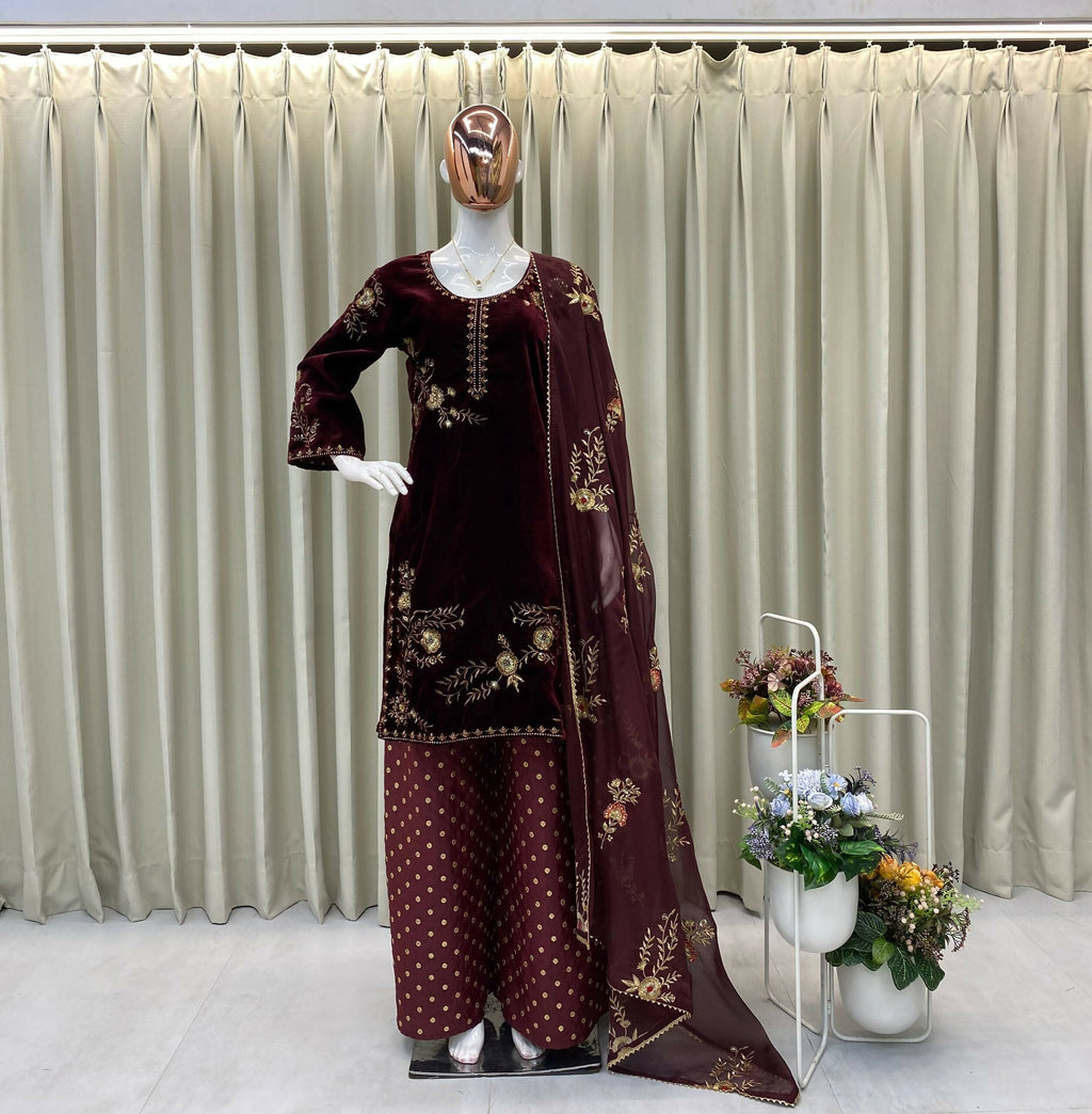 Vastranavya Wine Velvet Sequence Embroidery Work Kurta & Palazzo With Dupatta | Grocsy