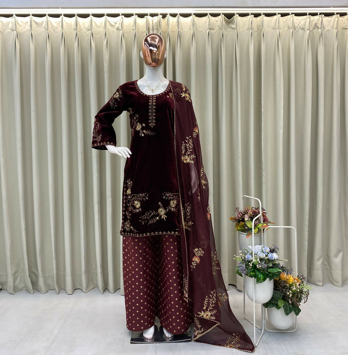 Vastranavya Wine Velvet Sequence Embroidery Work Kurta & Palazzo With Dupatta | Grocsy