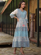 Juniper Women's Blue Cotton Cambric Geometric Printed Tiered Maxi Dress | Grocsy