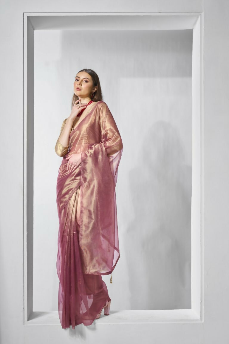 Onion Gold Tissue Net Solid & Gold Cotted Saree - Samaa | Grocsy