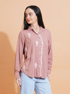 Pahnaz Modal Chikankari Handwork Shirt-Brown | Grocsy