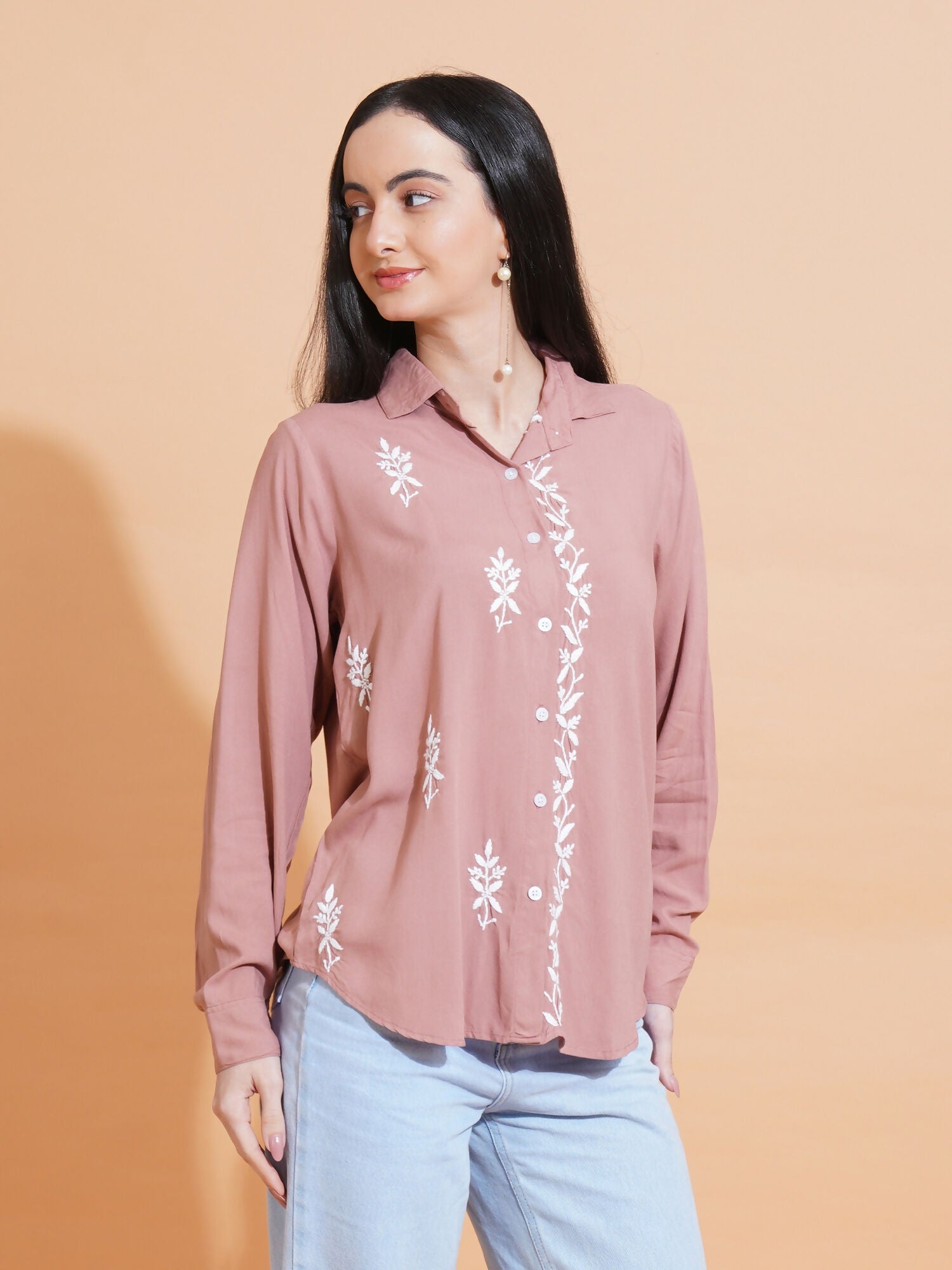 Pahnaz Modal Chikankari Handwork Shirt-Brown | Grocsy