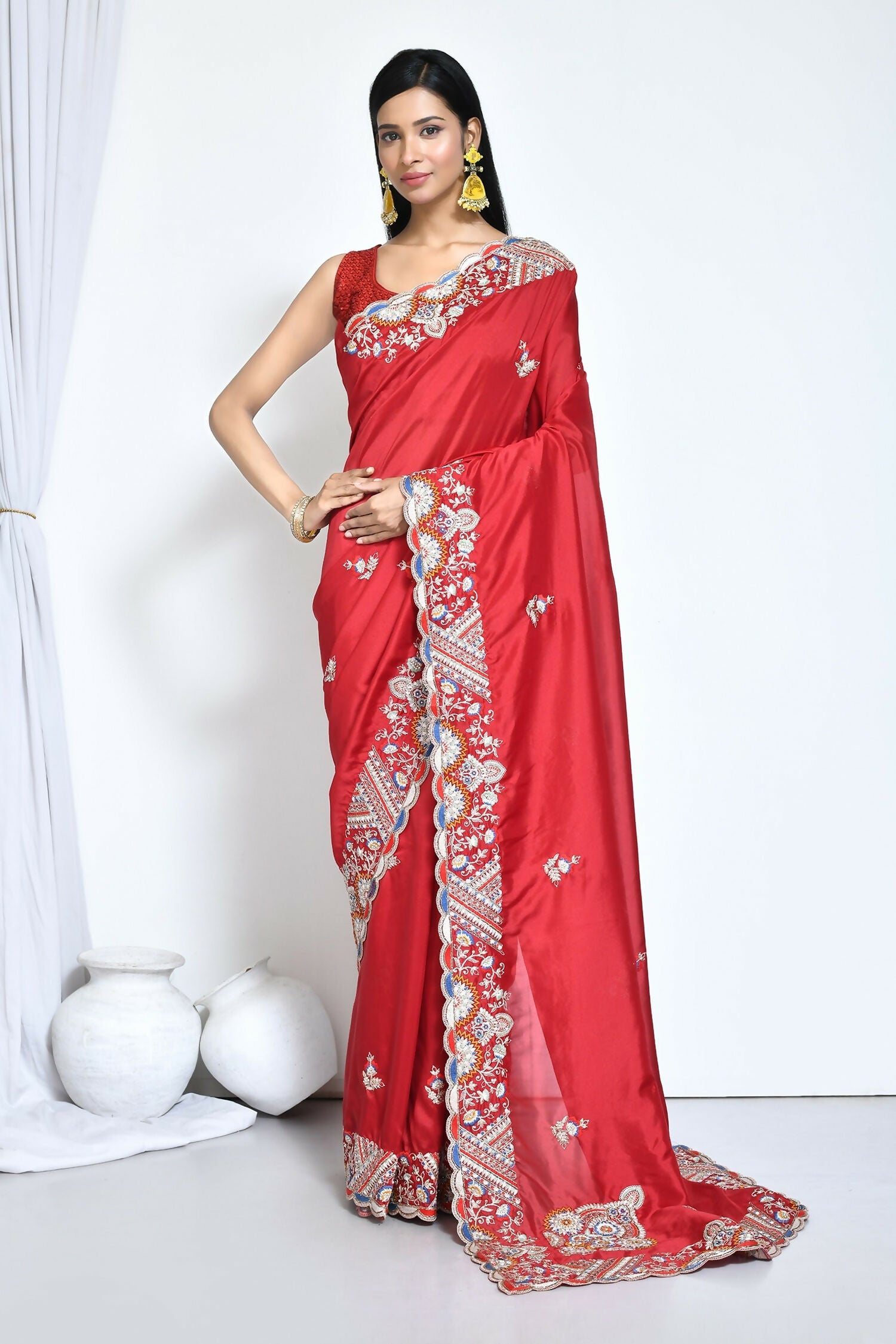 Red Crepe Silk Sequence Embroidered Saree - Nimaya Benzy | Grocsy