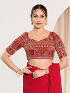 Joban Fashion Red Brocade Padded Blouse With Sweetheart Neck Elbow Sleeves | Grocsy