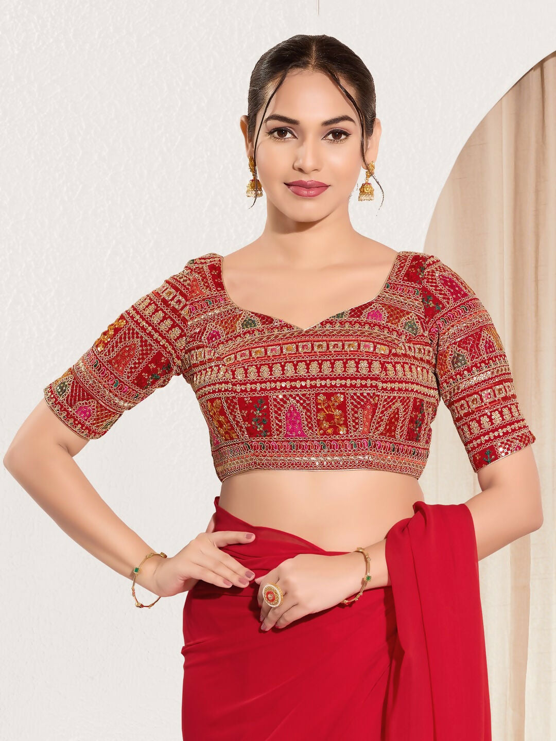 Joban Fashion Red Brocade Padded Blouse With Sweetheart Neck Elbow Sleeves | Grocsy