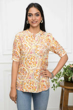 Myshka Women Mustard Floral V-Neck Regular Sleeves Viscose Rayon Top | Grocsy