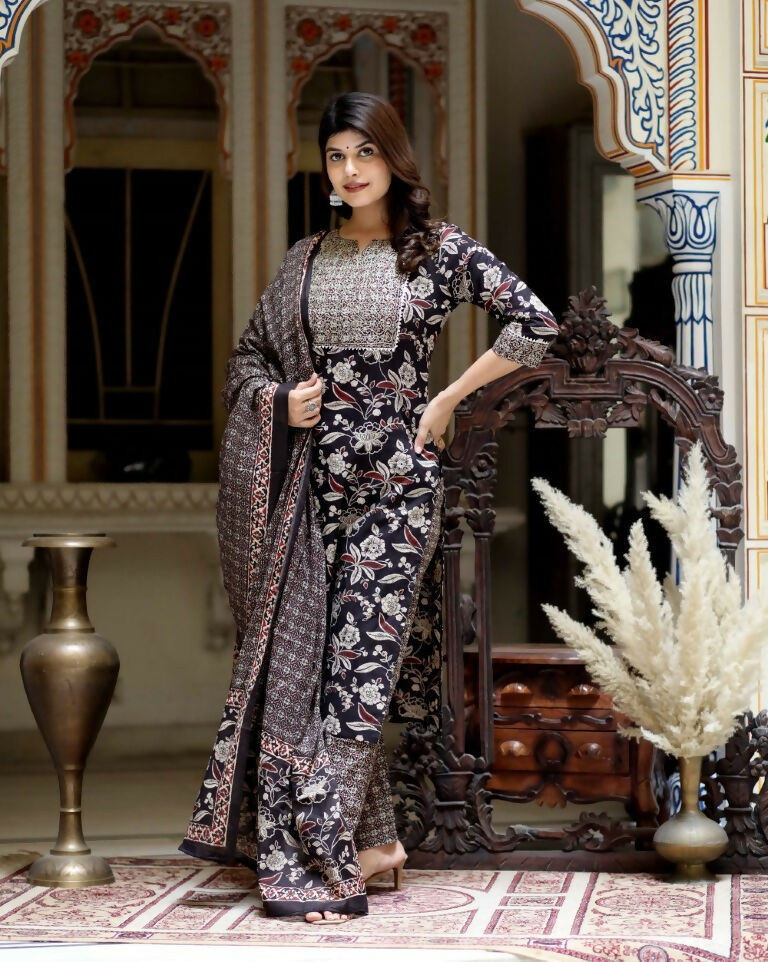 Miravan Women's Multi Colour Floral Printed Embroidery Yoke Design Kurta With Palazzo And Duptta Set | Grocsy