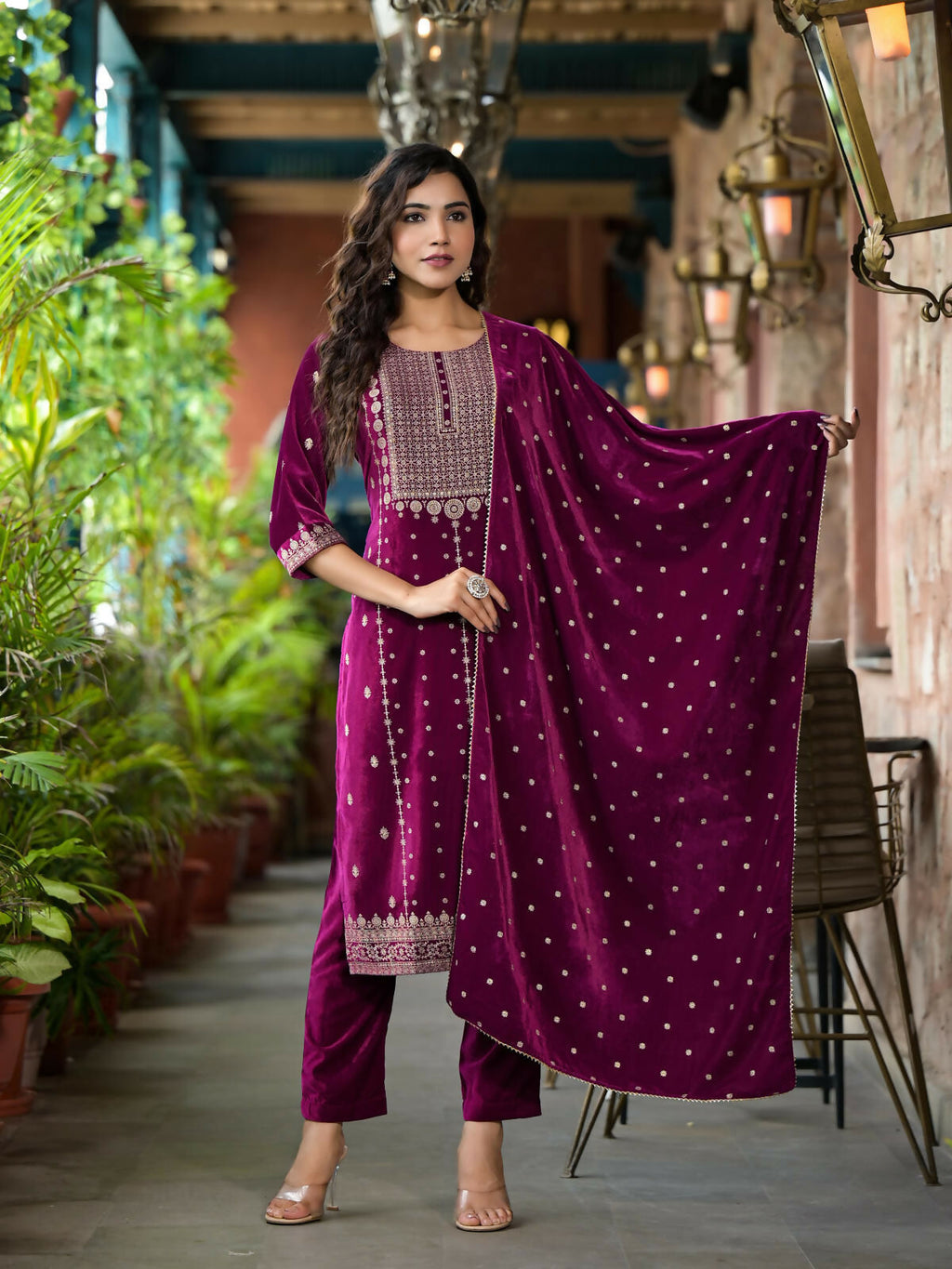 Juniper Women's Wine Ethnic Motif Printed Velvet Kurta Set With Lace | Grocsy
