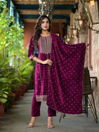 Juniper Women's Wine Ethnic Motif Printed Velvet Kurta Set With Lace | Grocsy