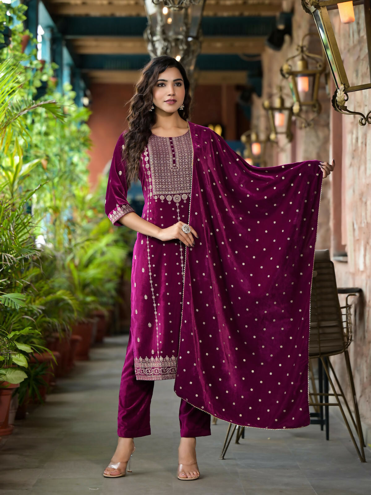 Juniper Women's Wine Ethnic Motif Printed Velvet Kurta Set With Lace | Grocsy