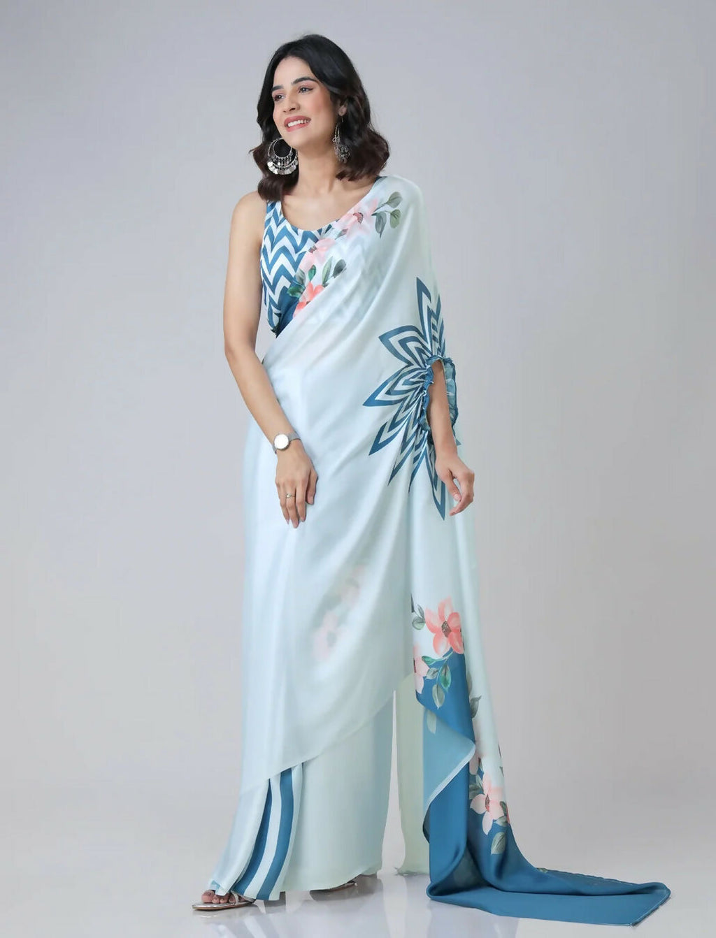 Vastranavya Icy Blue Freehand with Navy Starburst & Floral Print Ready to Wear Saree | Grocsy