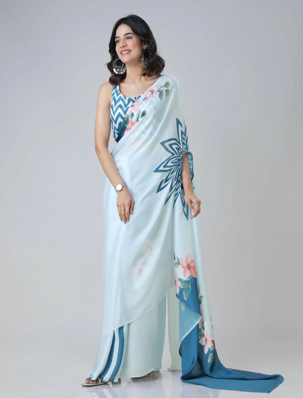 Vastranavya Icy Blue Freehand with Navy Starburst & Floral Print Ready to Wear Saree | Grocsy