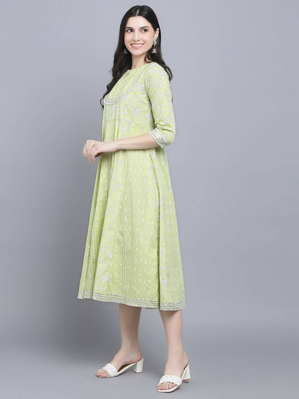 Myshka Women's Green Ethnic Motifs A-Line Midi Dress | Grocsy