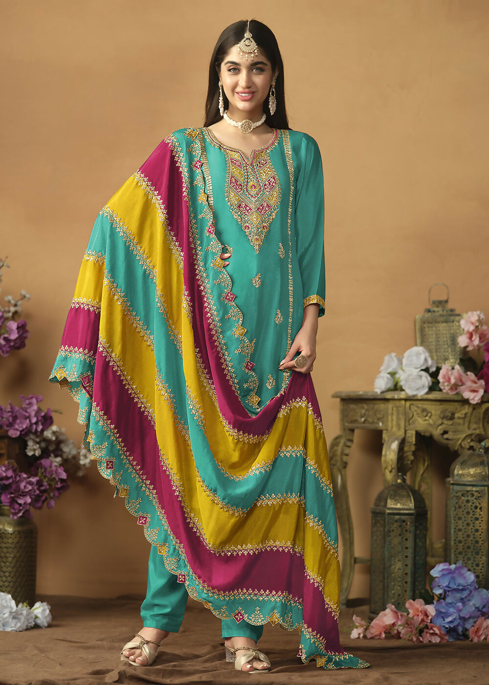 Chinnon Silk Turquoise Salwar Suit with Multicolor Dupatta - Emponline | Grocsy