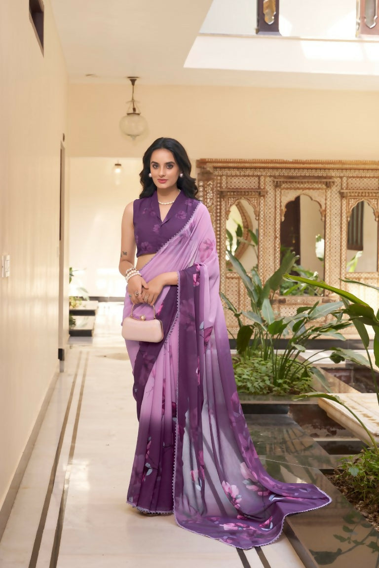 Vastranavya Lavender Weightless Marble Printed & Trim Lace Border Saree with Unstitched Blouse | Grocsy