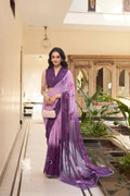 Vastranavya Lavender Weightless Marble Printed & Trim Lace Border Saree with Unstitched Blouse | Grocsy