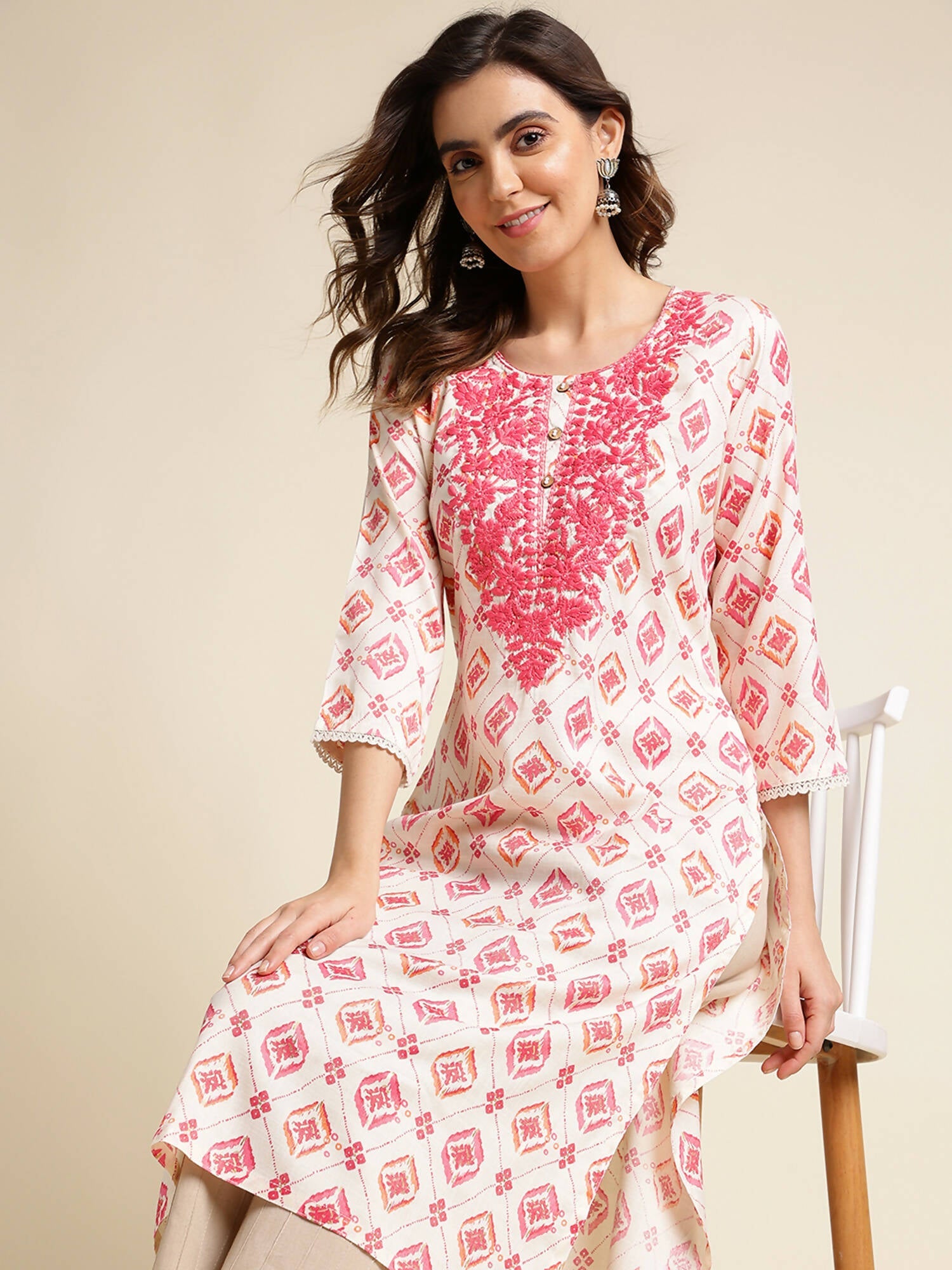 Pink Poly Rayon Aztec Printed Straight Fit Kurta - Prasuti | Grocsy