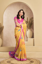 Vastranavya Mustard Digital Printed Linen Ready To Wear Designer Saree with Unstitched Blouse | Grocsy