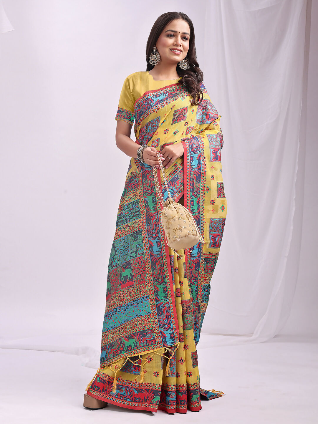 Shree Shyam Fashion Vastraloom Yellow Linen Cotton Saree | Grocsy