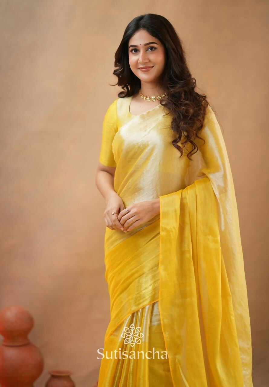 Exclusive Collection Beautiful Yellow Tissue Silk Hand Weaving Handloom Saree With Running Blouse Piece | Grocsy