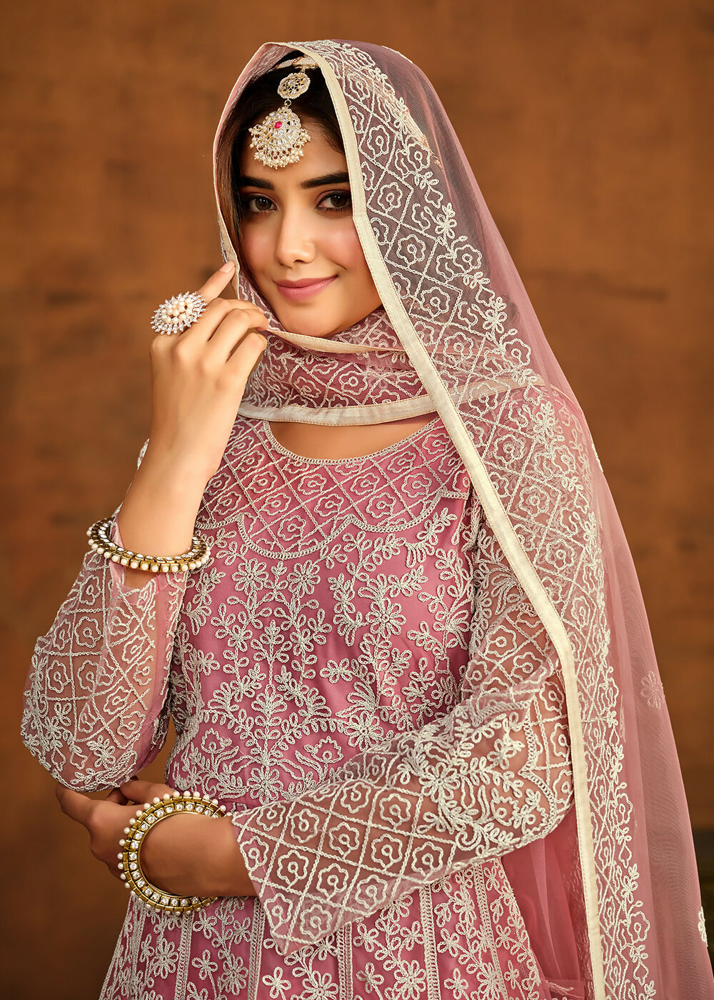 Pink All Over Embroidered Net Wedding Anarkali Suit - Emponline | Grocsy