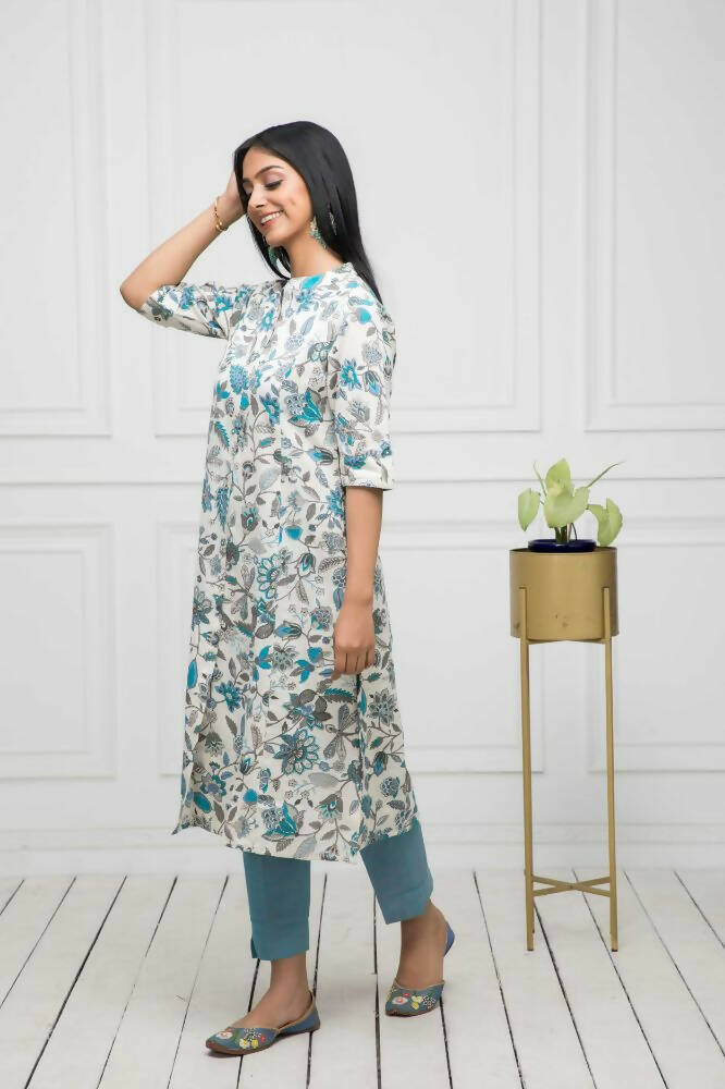 Myshka Women Multi Floral Cotton A-Line Mandarin Collar Kurtas | Grocsy