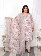 Miravan Women's Plus Size Cotton Light Pink Scenic Birds And Leaf Floral Printed Straight Pakistani Style Suit Set | Grocsy