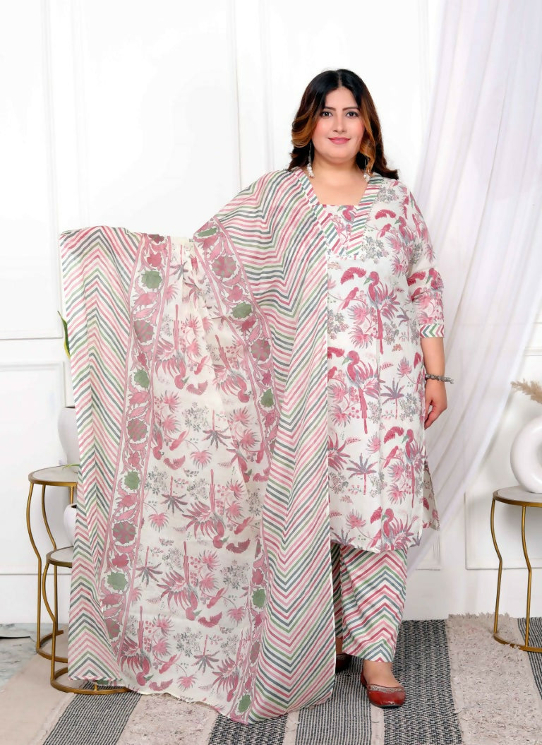 Miravan Women's Plus Size Cotton Light Pink Scenic Birds And Leaf Floral Printed Straight Pakistani Style Suit Set | Grocsy