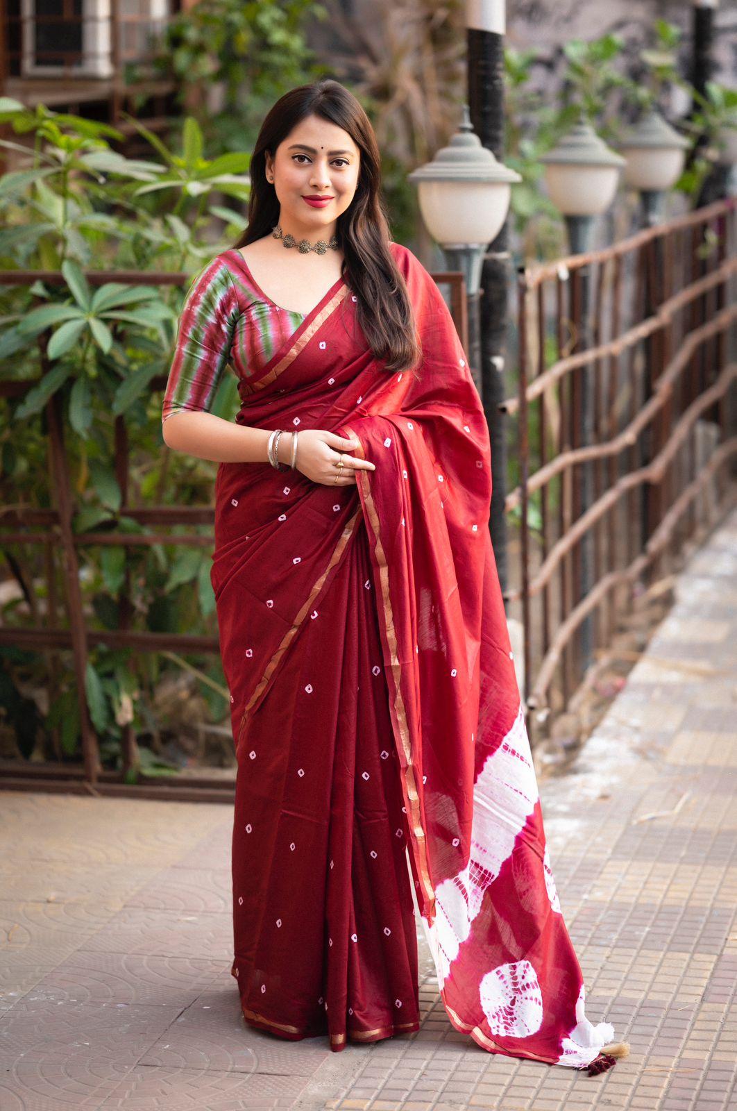 Maroon Chanderi Cotton Block Print Saree with Unstitched Blouse - Hiral Fashion | Grocsy