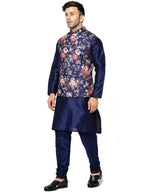ABH Lifestyle Men's Silk Navy Blue Kurta Pyjama & Printed Nehru Jacket | Grocsy