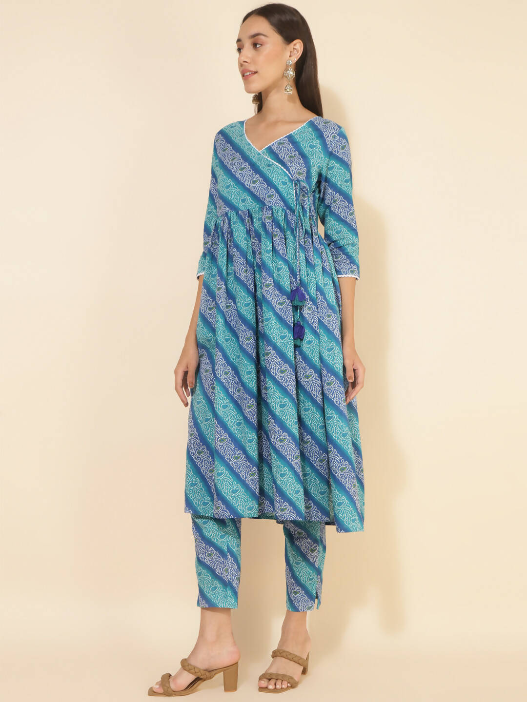 Janasya Women's Blue Cotton Bandhani Printed Casual Angrakha Co-ords | Grocsy