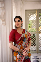 Vastranavya Maroon Viscose Chanderi Printed with Temple Border Saree & Unstitched Blouse | Grocsy