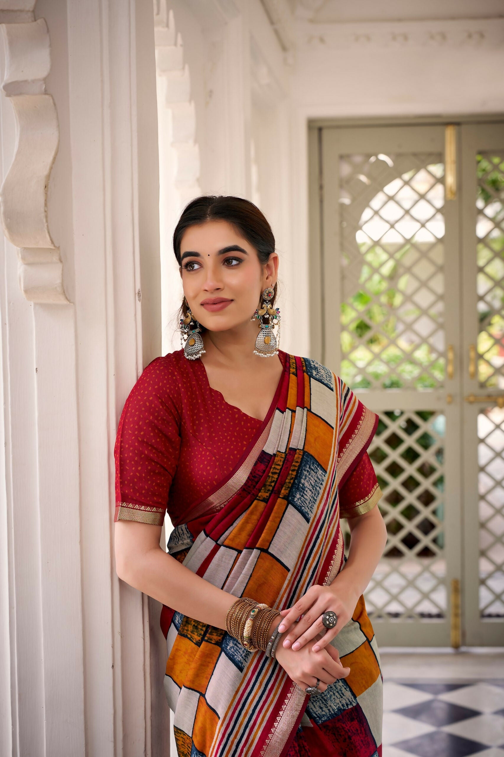 Vastranavya Maroon Viscose Chanderi Printed with Temple Border Saree & Unstitched Blouse | Grocsy