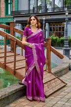Vastranavya Purple Embroidery Work Shimmer Chiffon Saree with Unstitched Blouse | Grocsy